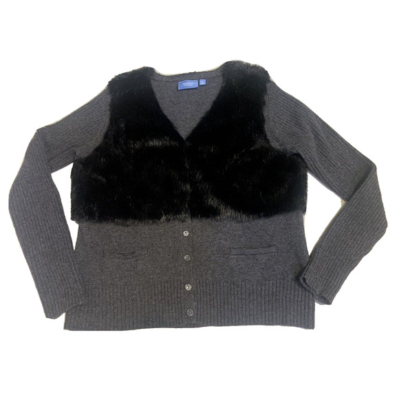 Simply Vera -Vera Wang Womens Sweater Extra-Large Grey Wool Faux Fur Cardigan - Picture 9 of 16